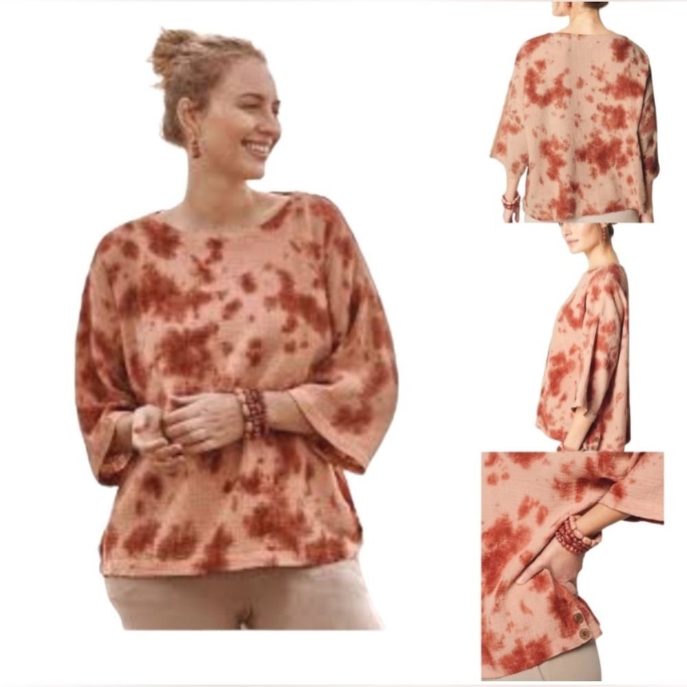 J.Jill Pure Jill Side-Button Kimono-Sleeve Top Tie Dye Paprika Oversized Sz XL